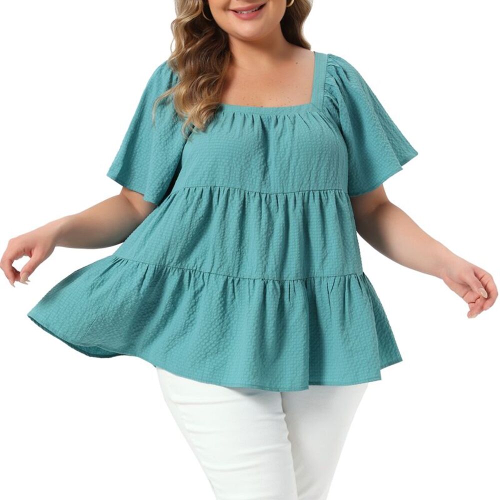 Women Plus Size Summer Tops Square Neck Babydoll Blouse Lake Blue
